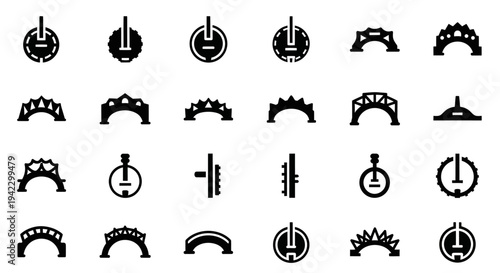 A comprehensive collection of vector power on/off button symbols and stylized arch graphic icons, ideal for modern user interface design, app development, and various technology-related projects