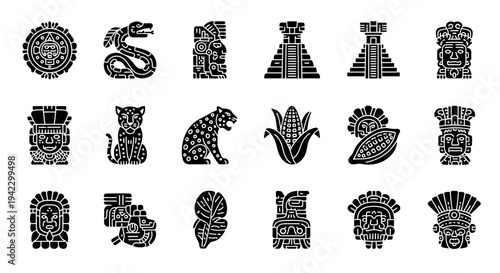 Ancient Mesoamerican Symbols Icon Set. Vector collection of Aztec and Mayan cultural elements gods, mythical creatures, pyramids, calendars, and indigenous flora