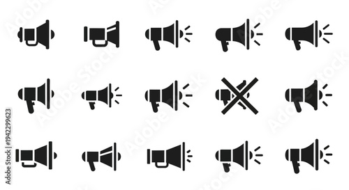 Versatile black megaphone and loudspeaker symbols illustrating concepts of public address, announcement, warning, and sound control