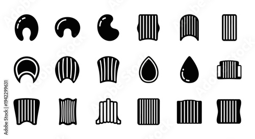 Diverse collection of minimalist black and white vector shapes and abstract graphic elements, ideal for modern icon design and clean digital aesthetics in various creative projects