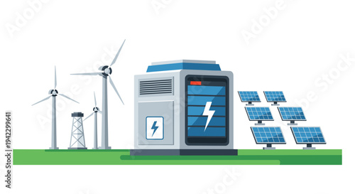 A renewable energy system with three wind turbines, a battery storage unit, and solar panels is depicted on a green landscape.