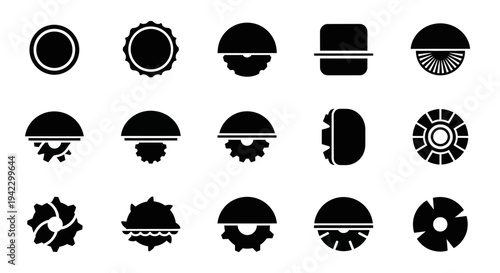 Set of black and white abstract circular icons and symbols representing gears, cogwheels, and mechanical parts
