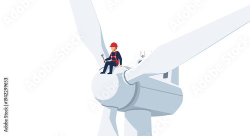 A worker in a red hard hat and harness sits on a large white wind turbine blade, holding a wrench.