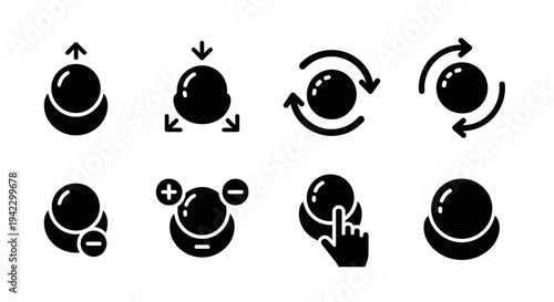 Vector icons illustrating digital interface controls and interactive actions, including rotation, zoom, movement, and precise adjustments for technology and application design