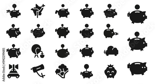 Modern collection of vector icons showcasing diverse piggy bank designs and essential financial symbols, perfect for illustrating concepts of saving, investment, and economic growth