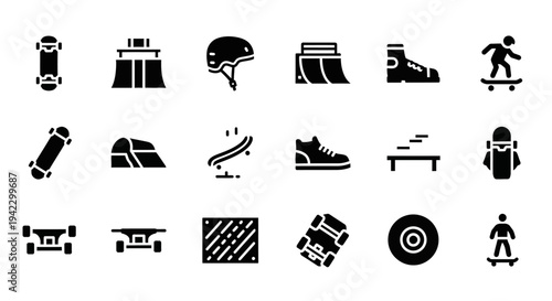 Comprehensive collection of skateboarding equipment and skate park elements, showcasing essential gear for urban extreme sports enthusiasts, including boards, ramps, and protective wear