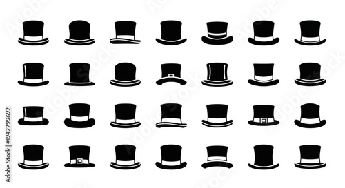 A collection of diverse top hats in various styles and designs, perfect for formal events and costume parties