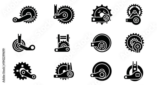 Comprehensive collection of bicycle drivetrain components and gear system icons, perfect for cycling repair, maintenance guides, and mechanical engineering representations