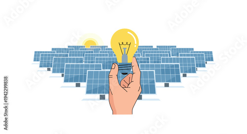 A human hand holds a glowing lightbulb in front of multiple rows of blue solar panels with a rising sun.