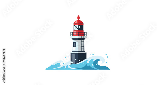 A red and white striped lighthouse with a black base stands firmly amidst dynamic blue ocean waves on a white background.