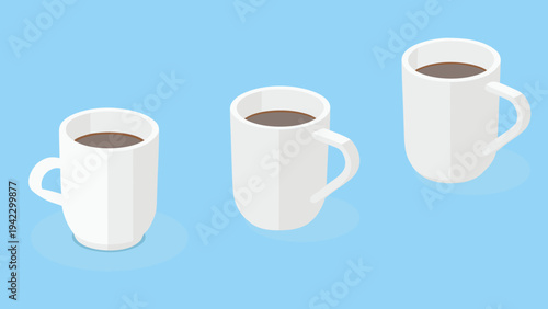 Isometric view of three white mugs filled with dark brown coffee