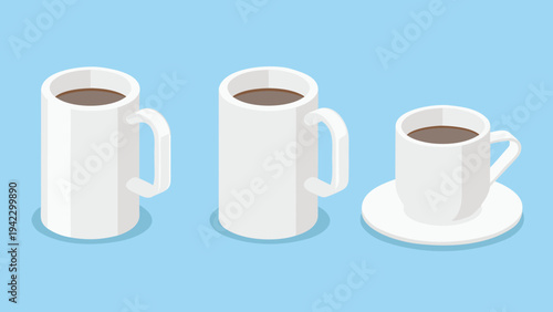 Isometric illustration of three white mugs with coffee varying heights