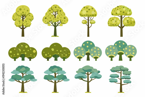 Collection of stylized colorful trees in various forms and shades