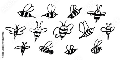 Set of hand drawn happy funny cute honey bee clipart Adorable flying striped insect friendly kawaii bumble bee For kids print, web, design, decor, logo