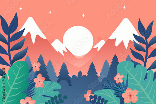Stylized illustration of mountains moon and tropical foliage at dusk