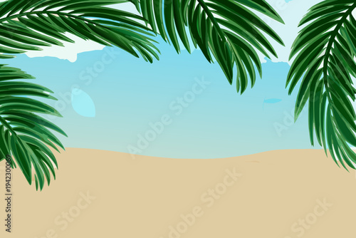 Tropical beach scene framed by lush green palm leaves and blue sky
