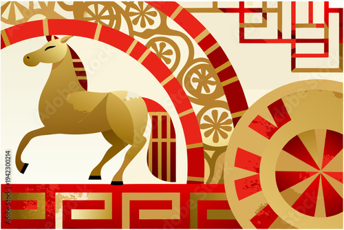 Golden horse and red chariot wheel in art deco style illustration