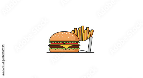 A cartoon-style hamburger with sesame seeds, cheese, lettuce, and tomato is neatly placed next to a white container of french fries.