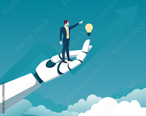 A businessman points toward a glowing lightbulb held by a robotic hand