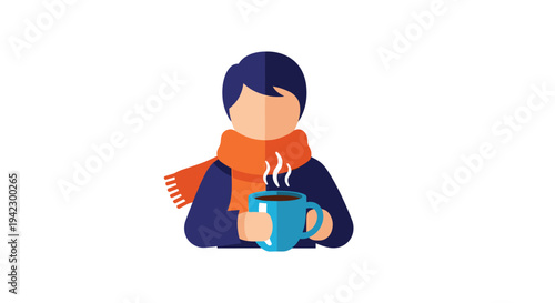 An anonymous person, wearing a dark blue coat and a vibrant orange scarf, is holding a steaming blue mug against a white background.