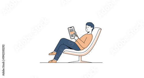 A man is casually seated in a modern, cream-colored lounge chair, actively reading news on a smartphone with a stylus.