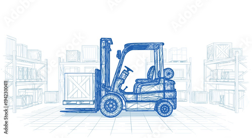 A detailed blue wireframe illustration depicts a forklift carrying a wooden crate inside a warehouse with shelves and boxes in the background.