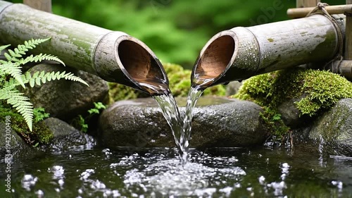 Japanese onsen bamboo fountain pouring fresh water into stone basin in traditional Japanese garden, symbolic purification element of spa culture and peaceful Zen atmosphere
