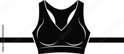 Minimalist black sports bra vector illustration, women fitness bra icon, athletic underwear clothing design, activewear garment symbol isolated