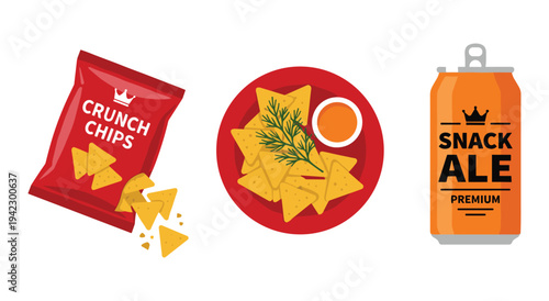 Bag of crunch chips spilling nachos onto red plate with dip and beer can