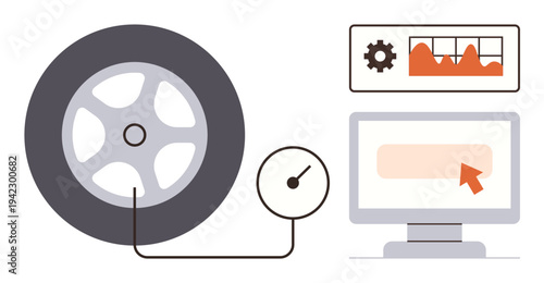 Automotive diagnostics, vehicle maintenance, monitoring systems, analytics, data insights, efficiency. Tire with gauge, computer monitor with data graph. Automotive diagnostics and vehicle
