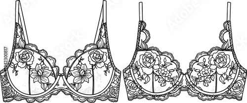 Set of Two Floral Lace Underwire Bras with Scalloped Edges and Intricate Rose Embroidery for Lingerie Design Fashion Technical Sketch