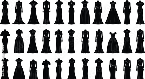 Set of elegant female evening gown silhouettes featuring various fashion styles necklines and formal dress outlines for wedding and gala