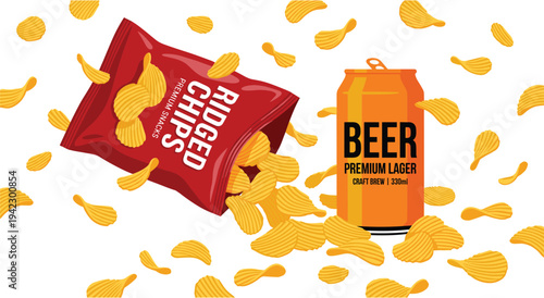 Bag of ridged chips spilling onto white background next to beer can