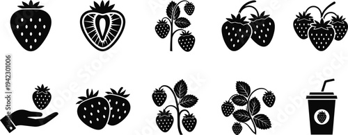 Strawberry Icon Set Isolated Vector Black Silhouette Collection Including Whole Fruit Slices Plants Leaves Hand Holding Berry and Beverage Cup