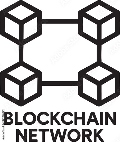 Blockchain network silhouette with connected blocks and nodes, decentralized digital ledger technology concept.