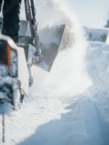 Heavy Duty Snow Blower Clearing High Drifts During Winter Storm, Commercial Snow Removal Equipment in Action with Frozen Spray Texture and Clean Copy Space