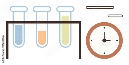Scientific research, time management, chemistry experiments, lab analysis, education, innovation. Three test tubes with liquids and a clock. Scientific research and time management concept