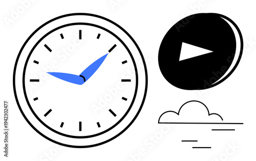 Time management, media playback, productivity, modern design, digital tools, minimalism. A clock with blue hands, a play button and a cloud icon. Time management and media playback concept