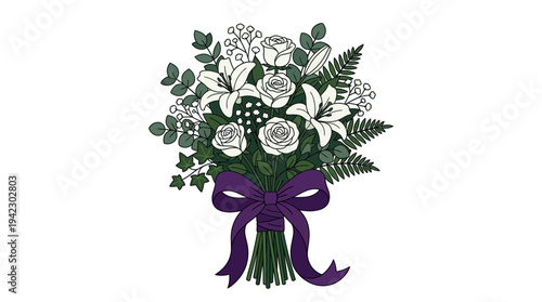 Flat vector illustration of a funeral flower wreath with ribbon shape (blank ribbon), outline style, isolated on white background, solid colors, no text, no gradien
