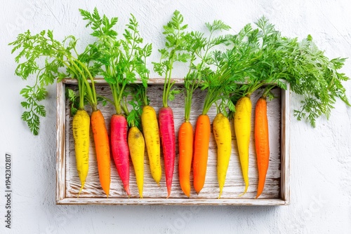 Colorful Rainbow carrot with their green leaves in a box on wooden background, top view 