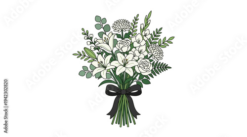 Flat vector illustration of a funeral flower wreath with ribbon shape (blank ribbon), outline style, isolated on white background, solid colors, no text, no gradien