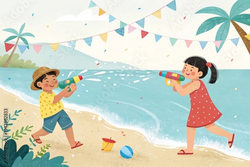 Joyful Kids Playing with Water Guns on a Sunny Beach Day Full of Fun and Laughter