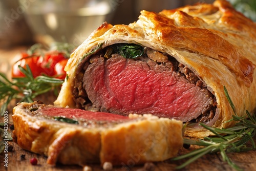 Perfect homemade juicy Beef Wellington, tenderloin dish on rustic wooden table
