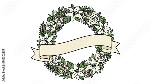 Flat vector illustration of a funeral flower wreath with ribbon shape (blank ribbon), outline style, isolated on white background, solid colors, no text, no gradient