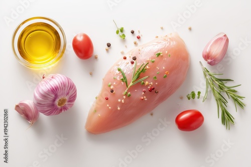 Fresh raw chicken breast with herbs and spices, top view. 