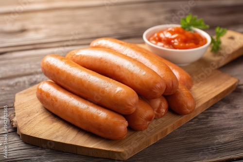 Raw frankfurter sausages on cutting board on wooden background 