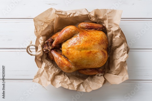 Grilled Chicken tobacco on paper over white wooden background, top view 