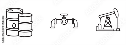 Oil and gas industry line icon set. Petroleum production, refinery, pipeline and energy power symbols. Vector thin line illustrations of fuel station, oil barrel, drilling rig and pumpjack.