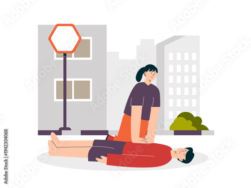 Life-saving emergency procedure known as Cardiopulmonary Resuscitation (CPR). Helping people illustrations. Flat vector concepts.