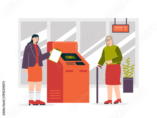 A woman assisting an elderly individual with using an automated teller machine (ATM). Helping people illustrations. Flat vector concepts.